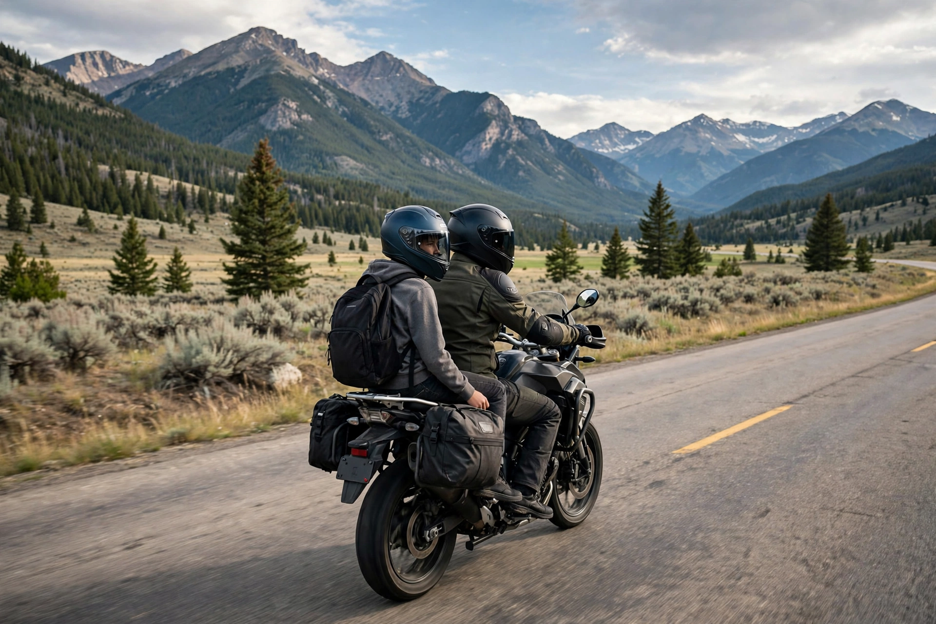 Motorcycle rider and teen passenger wearing helmets on a Montana highway