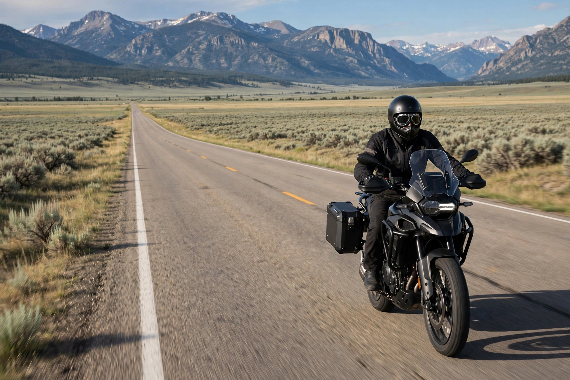 Motorcyclist riding a Wyoming highway wearing a helmet and eye protection