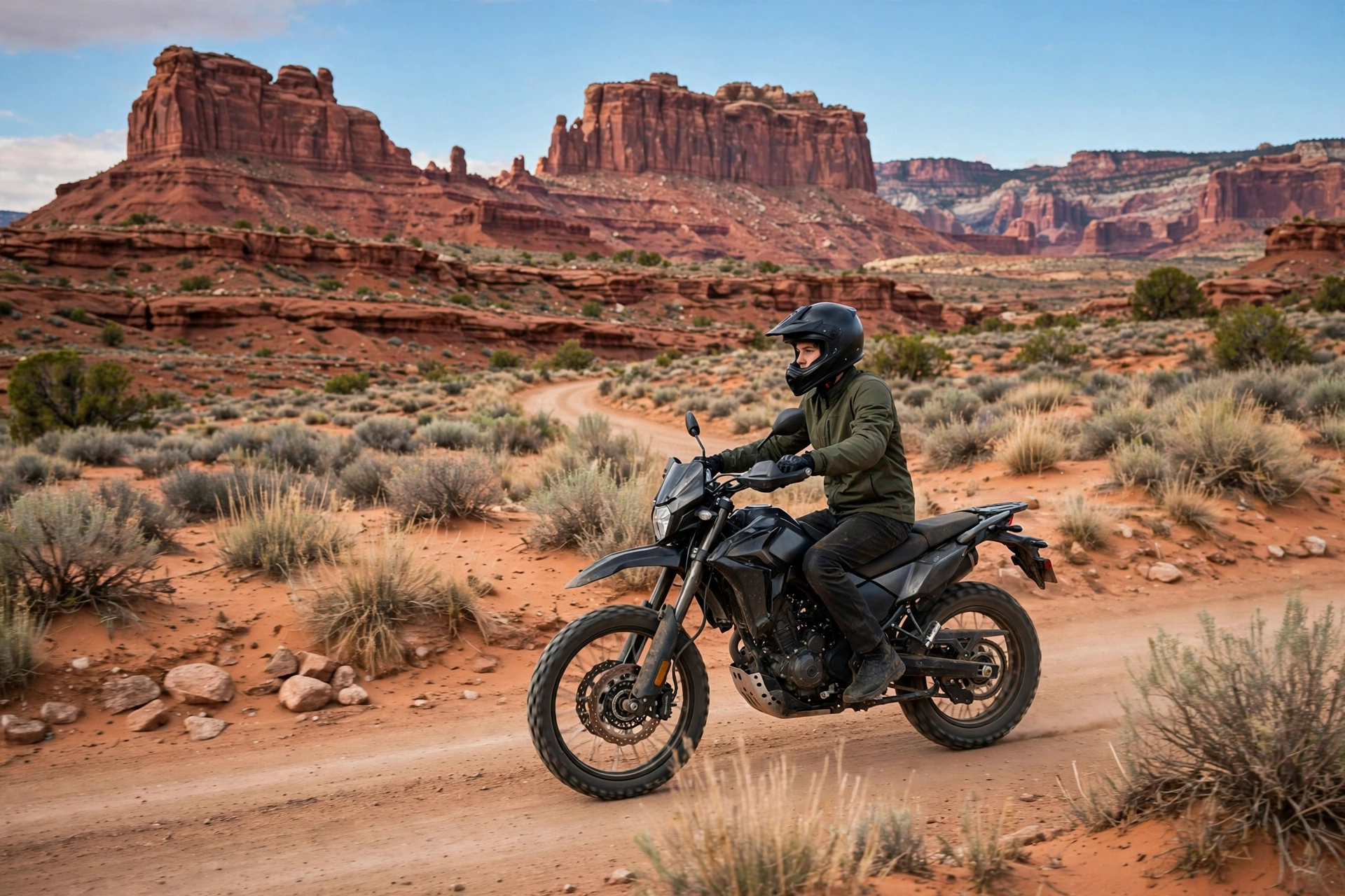 Young motorcyclist wearing a full-face helmet on a Utah desert road