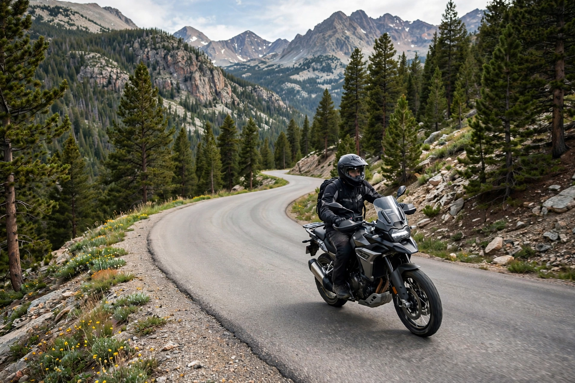 Motorcyclist wearing a helmet and eye protection on a Colorado mountain road