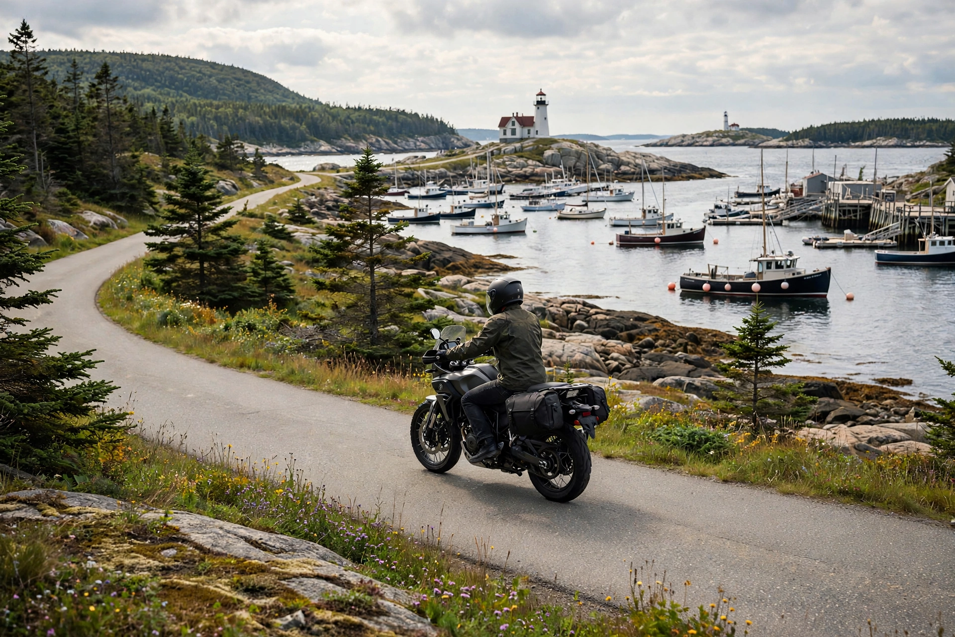 Newly licensed motorcyclist wearing a helmet on a Maine coastal road