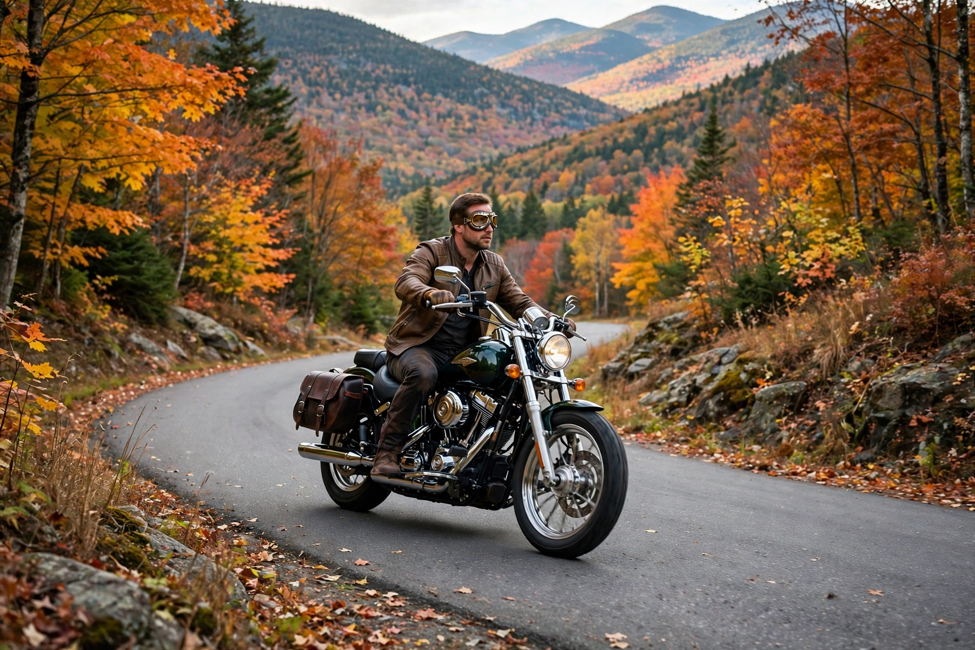 Motorcyclist riding without a helmet on a New Hampshire road where helmets are not required by law