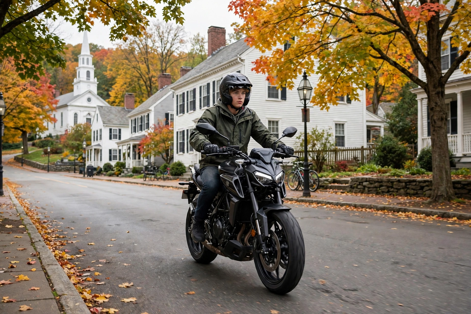 Teenage motorcycle rider wearing an approved helmet in Connecticut