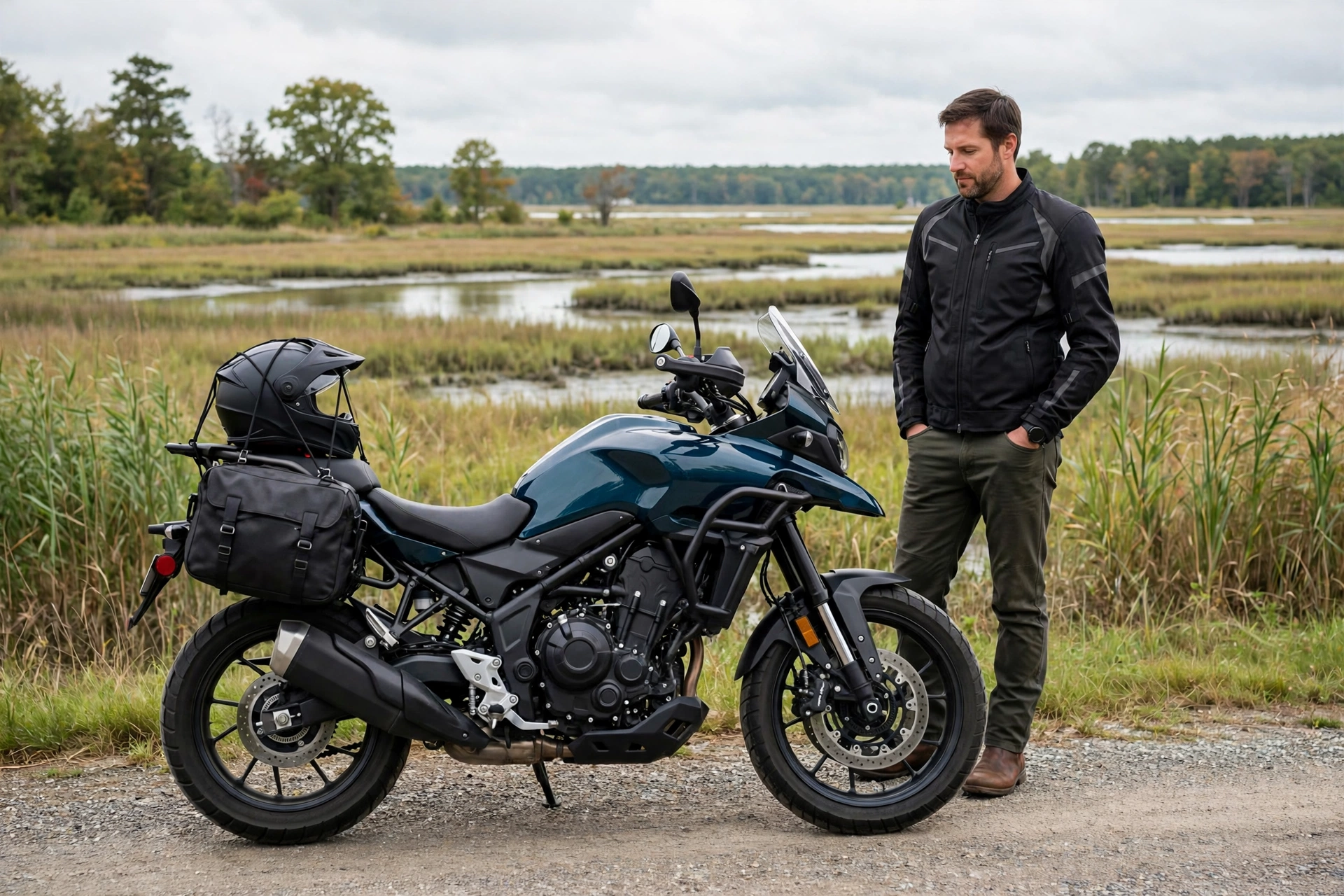 Motorcycle rider in Delaware carrying an approved helmet on the bike as state law requires