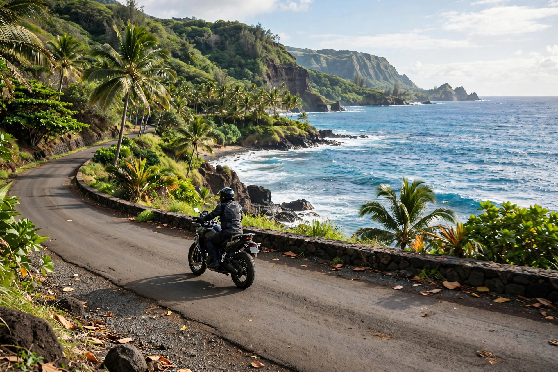 Motorcycle rider wearing a helmet on a coastal road in Hawaii