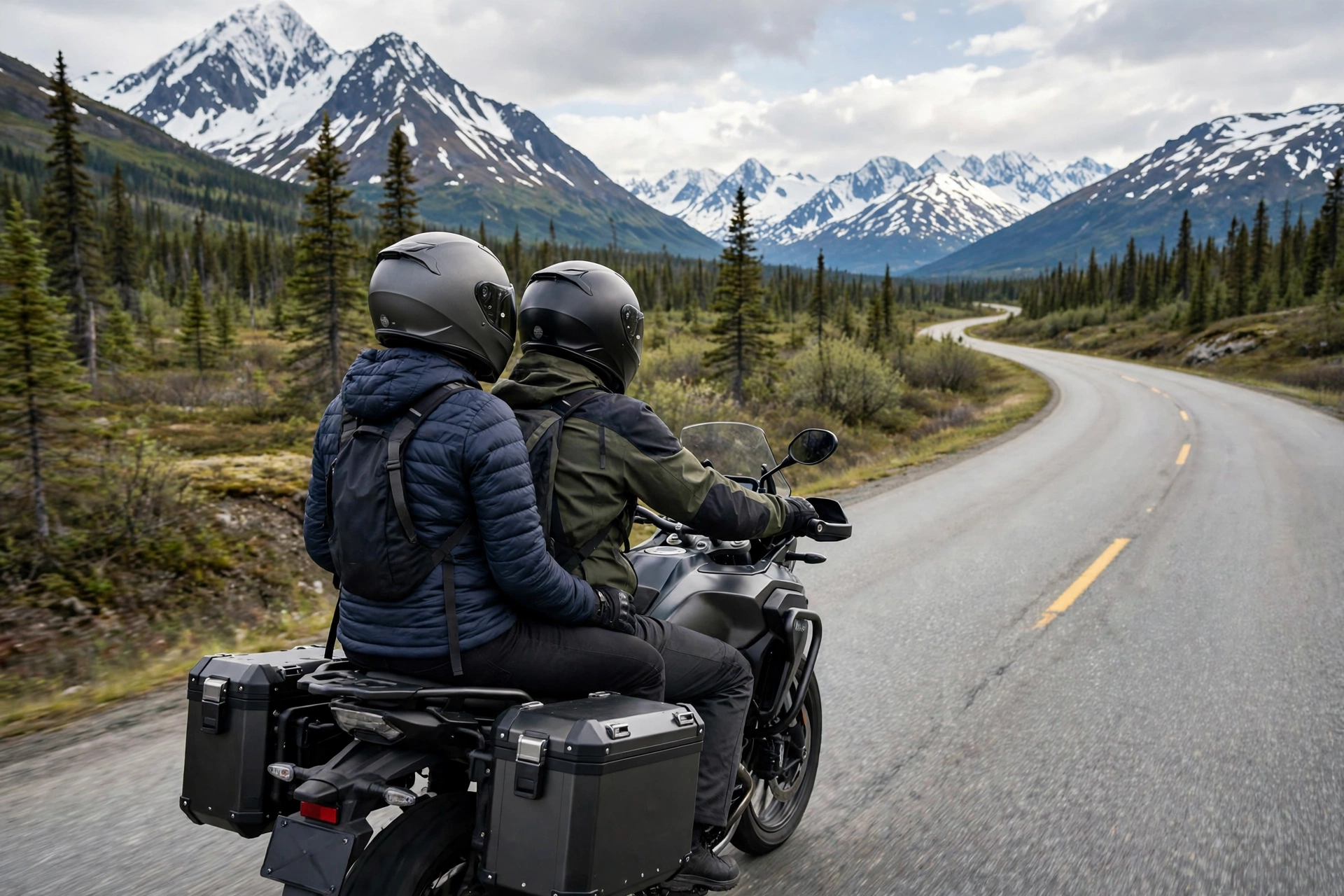Motorcycle passenger wearing a helmet on an Alaska highway