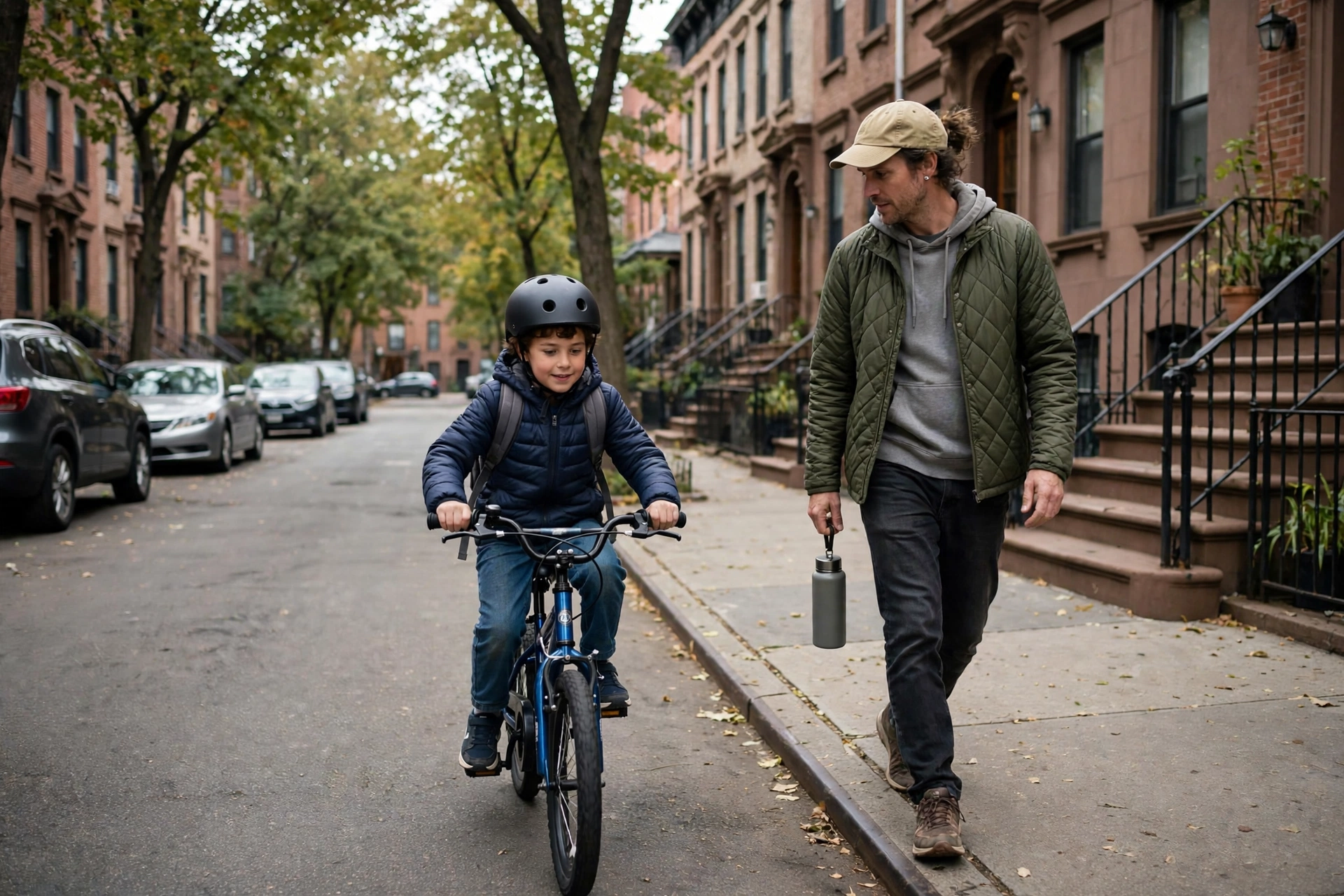 New York child cyclist wearing a bicycle helmet on a neighborhood street