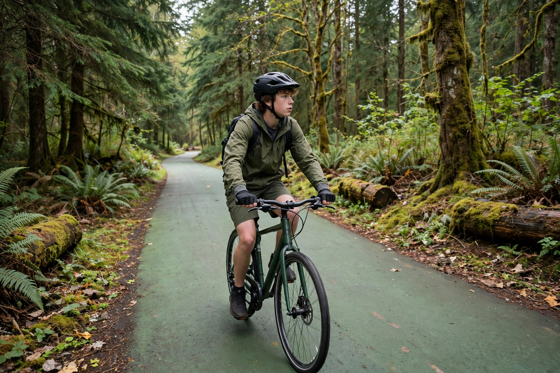 Oregon teen cyclist wearing a helmet on a public bike path