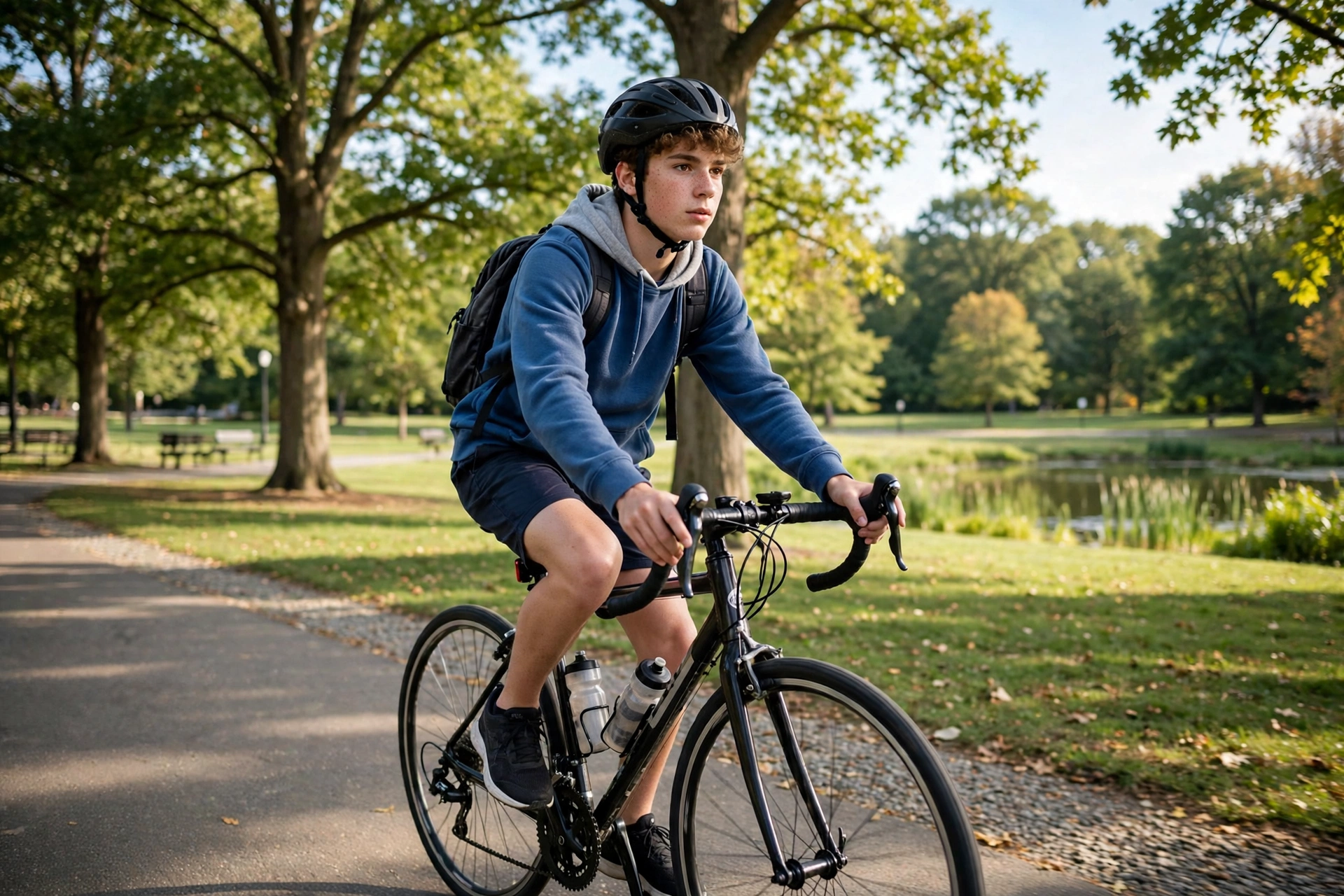New Jersey teen cyclist wearing a helmet riding in a public park