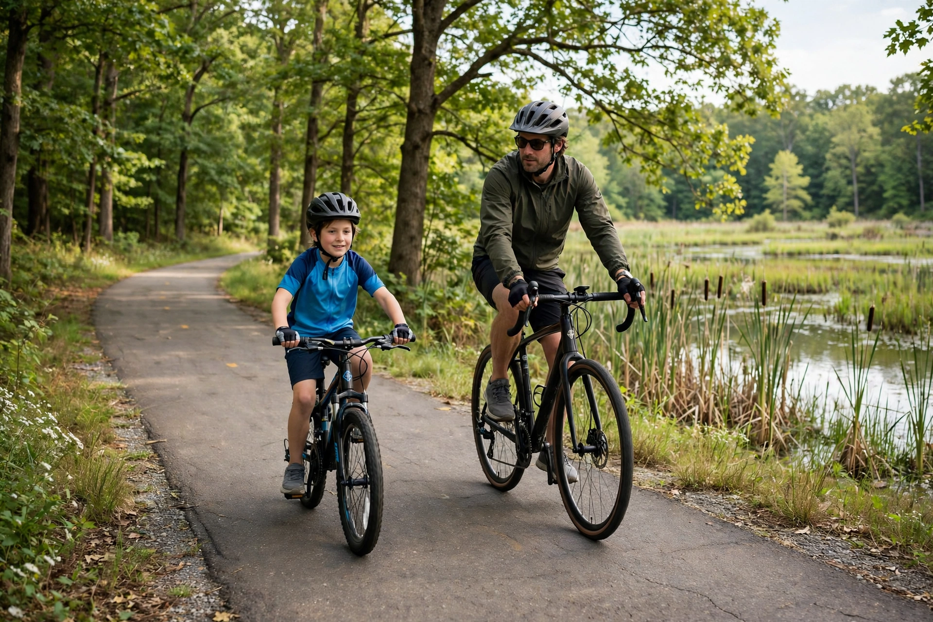 Maryland child cyclist wearing a helmet on a bike path with a parent
