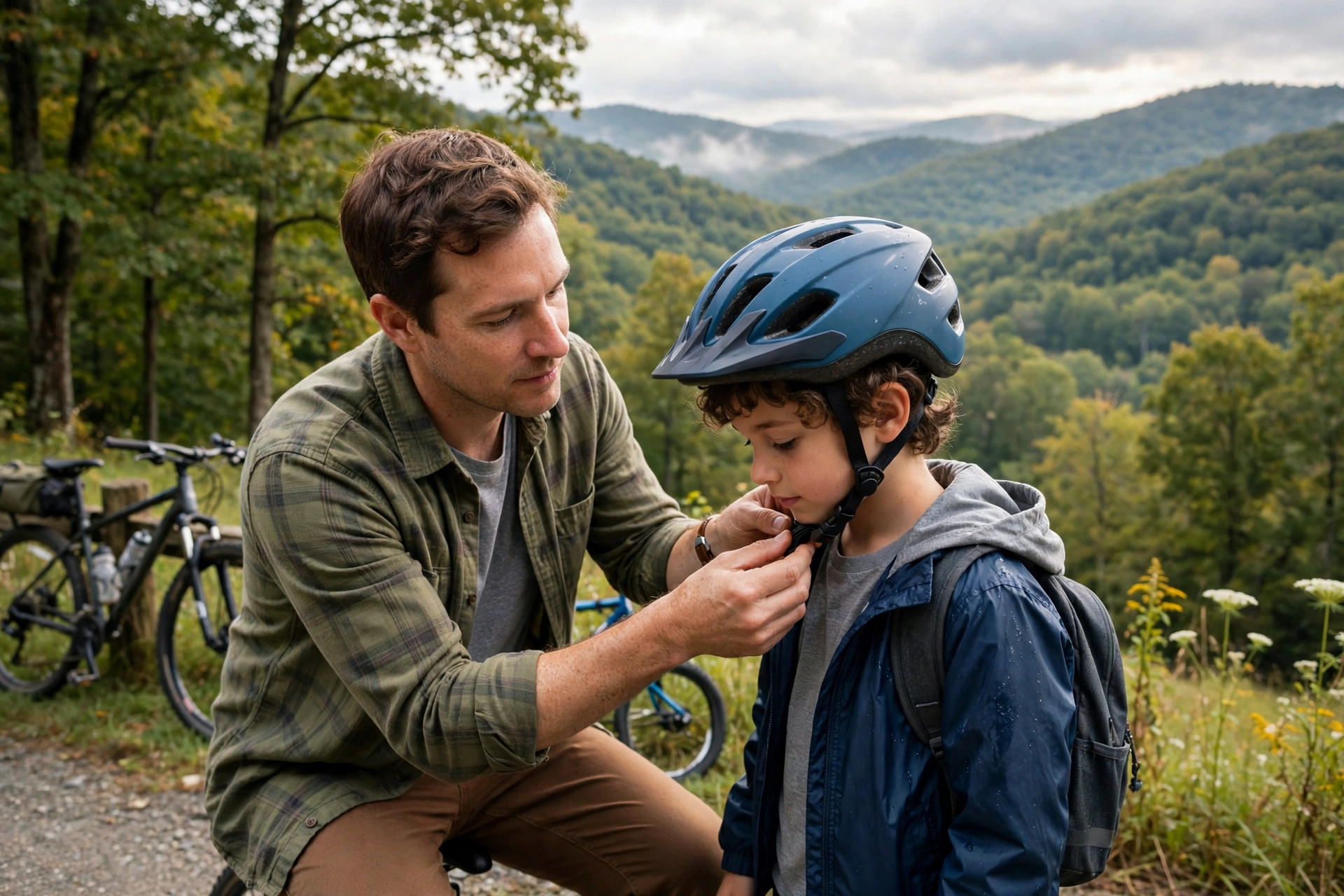 West Virginia parent fastening a child's bicycle helmet before a ride