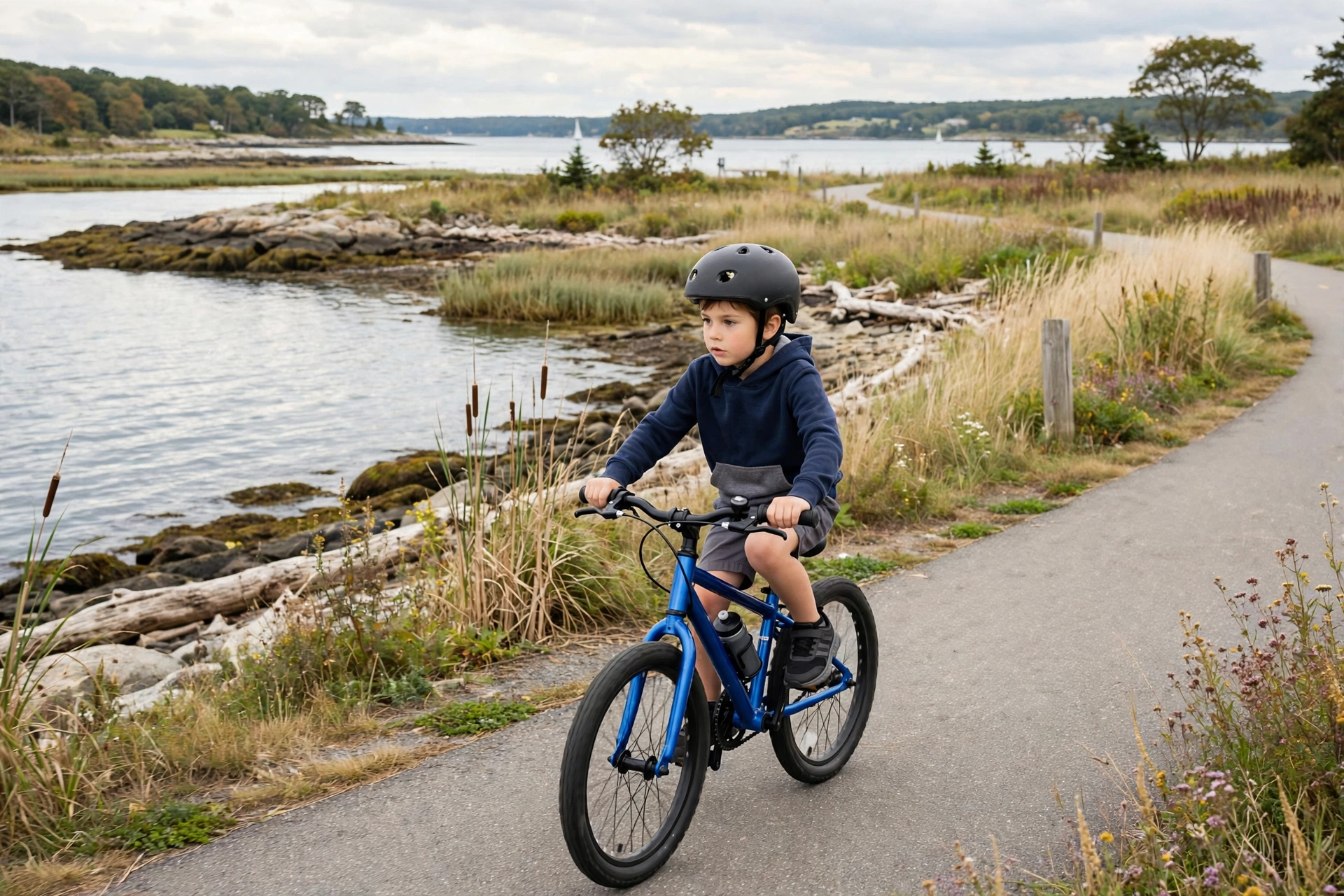 Child wearing a certified bicycle helmet while riding on a Rhode Island bike path