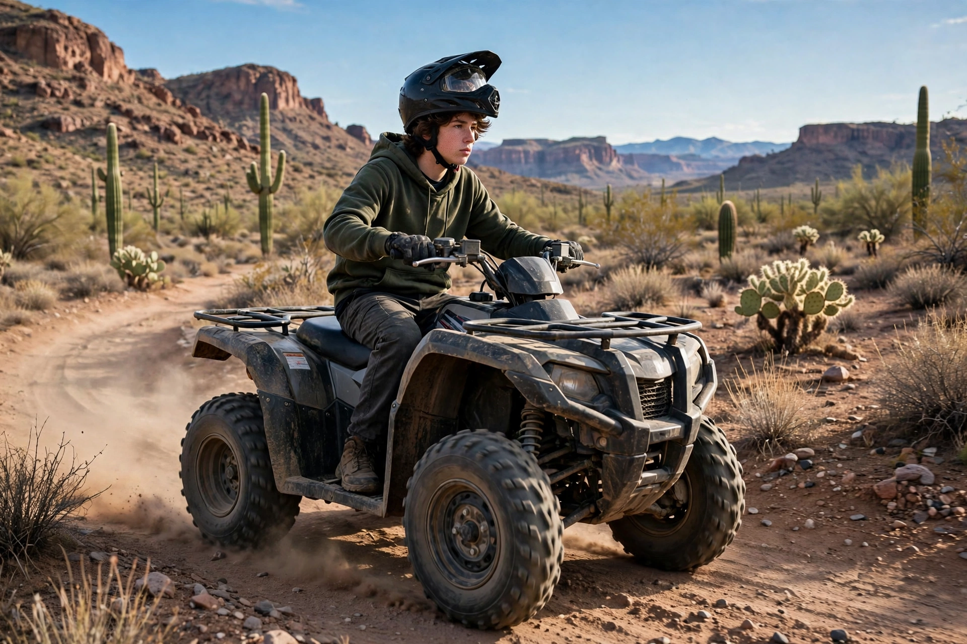 Teenage ATV rider wearing an approved helmet on a desert trail in Arizona