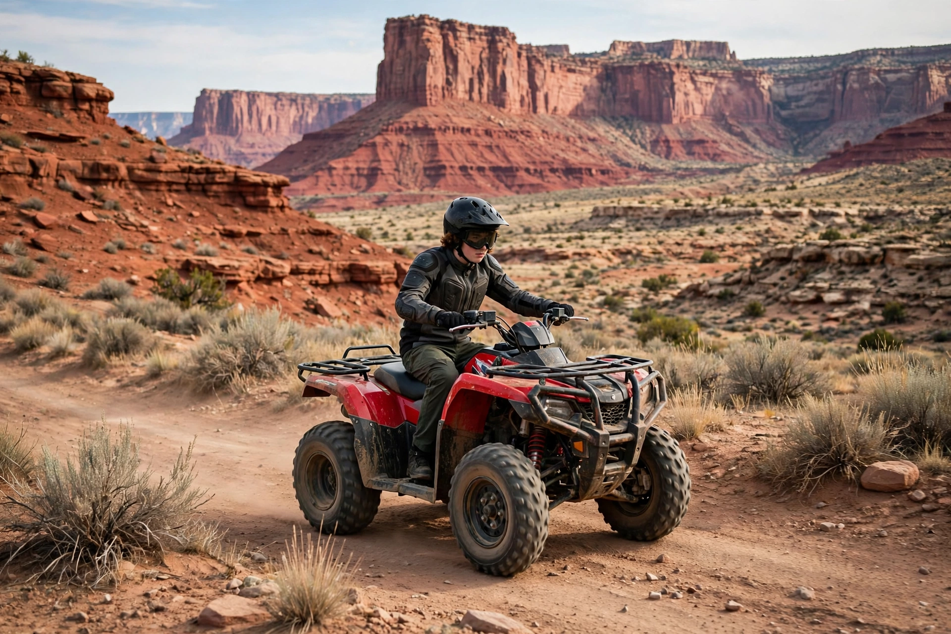 Young ATV rider wearing a helmet on a Utah off-road trail