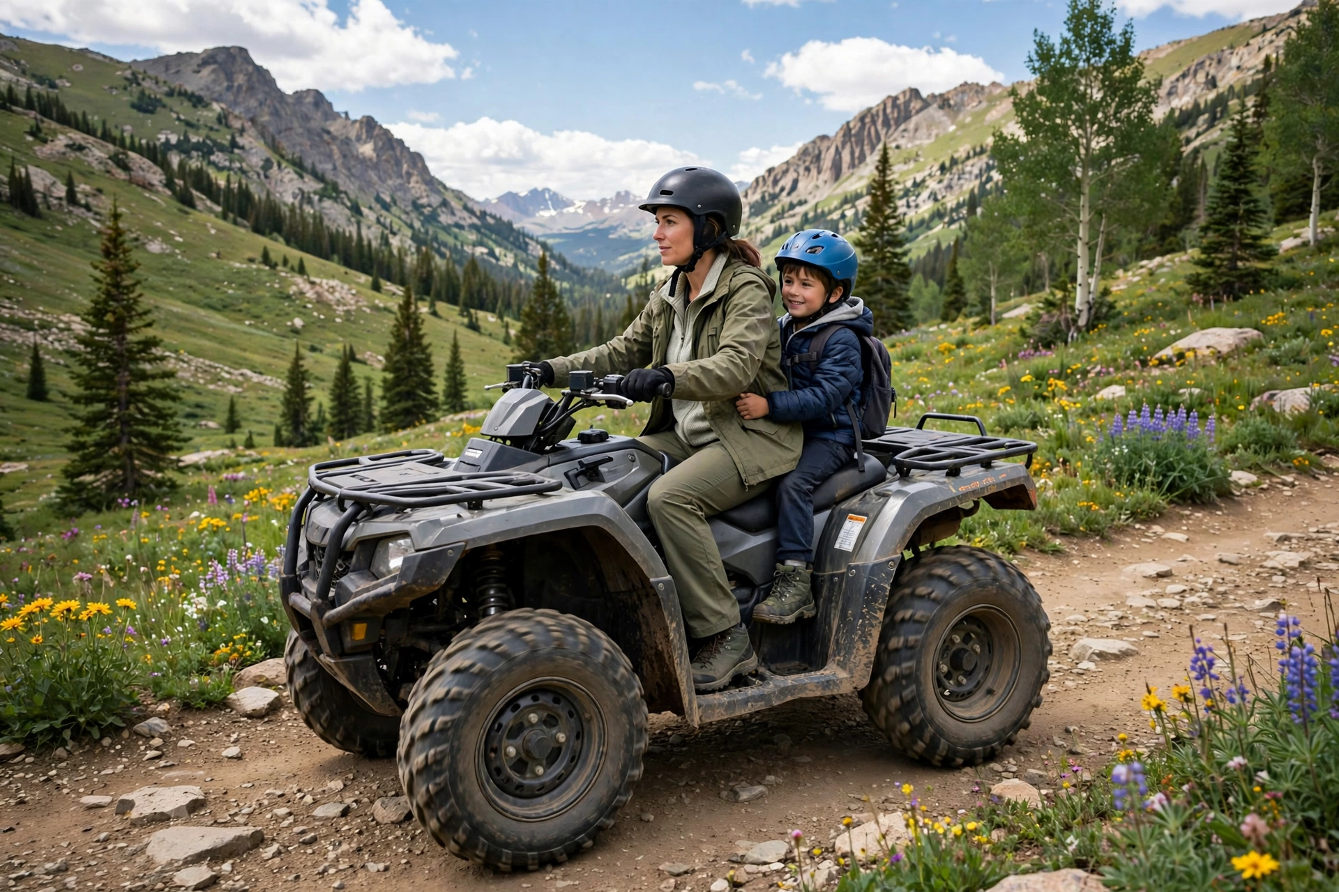 Family ATV rider wearing a helmet on a Colorado mountain trail