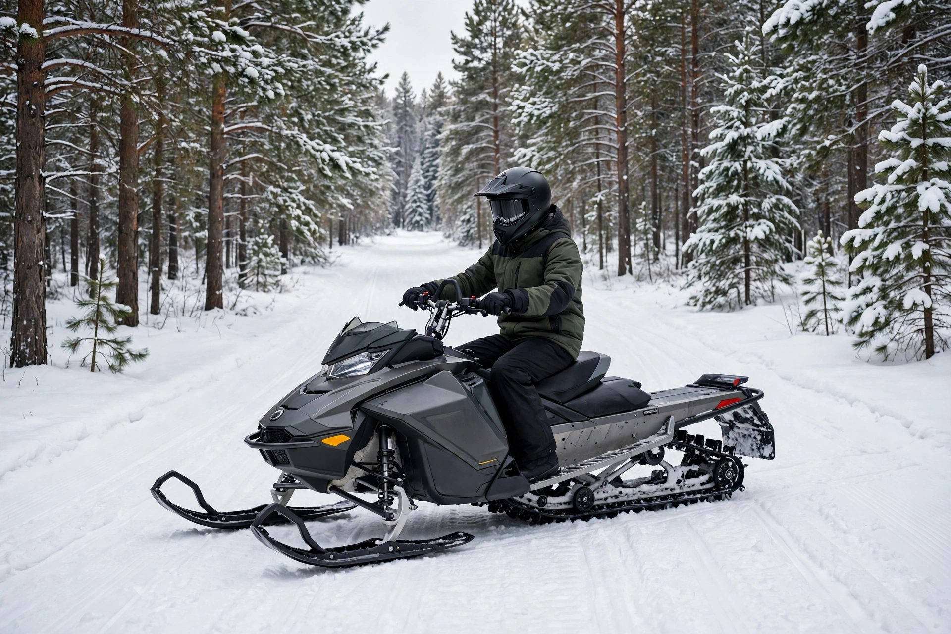 Young snowmobile rider in Minnesota wearing a full-face helmet, ready to ride on a snowy trail