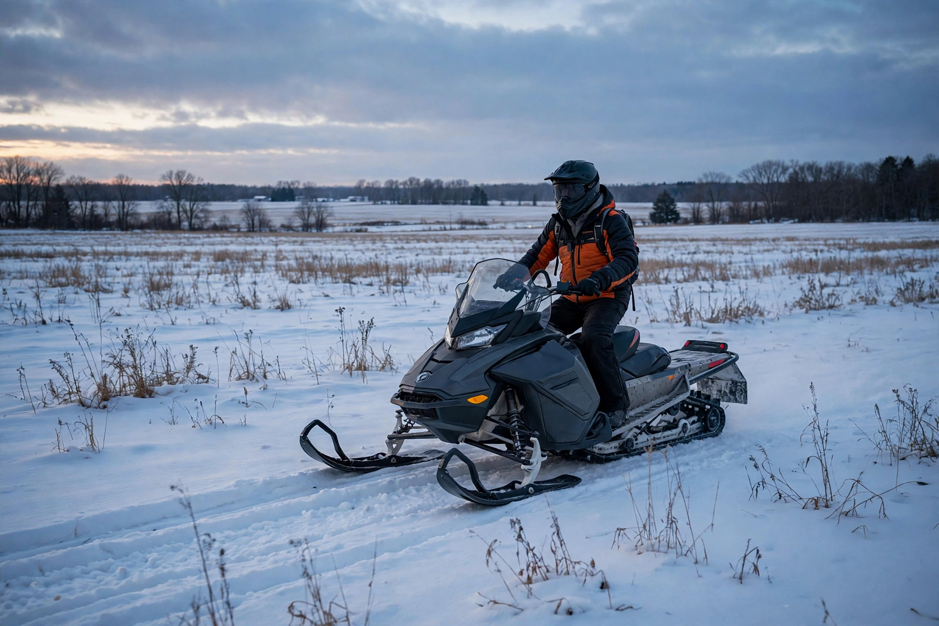 Snowmobile rider crossing a snowy Wisconsin field at dusk wearing a helmet and winter riding gear