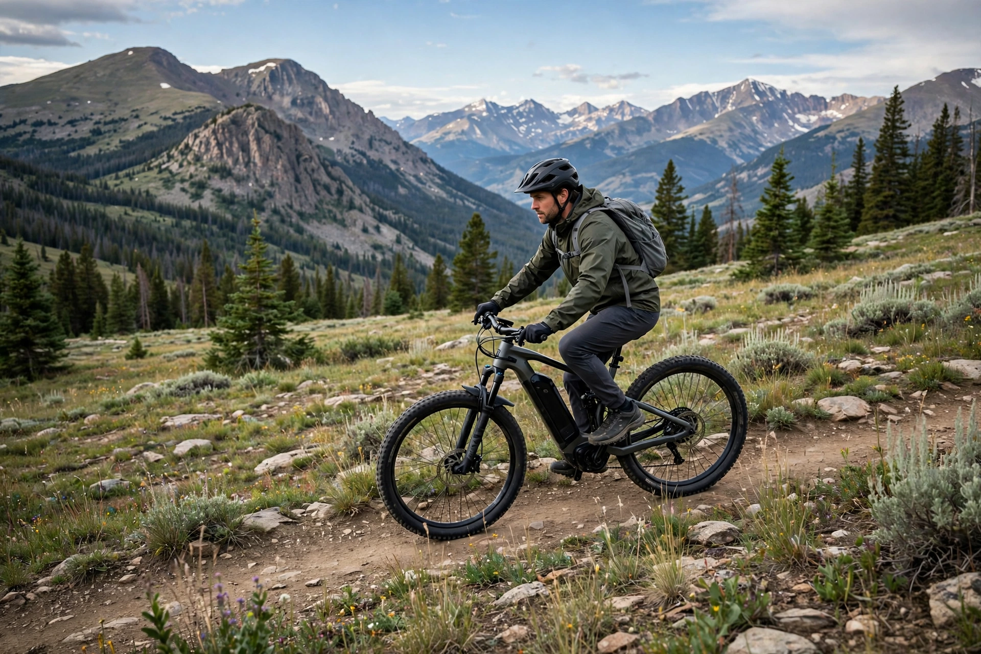 Electric bike rider wearing a helmet on a Montana trail with mountains behind
