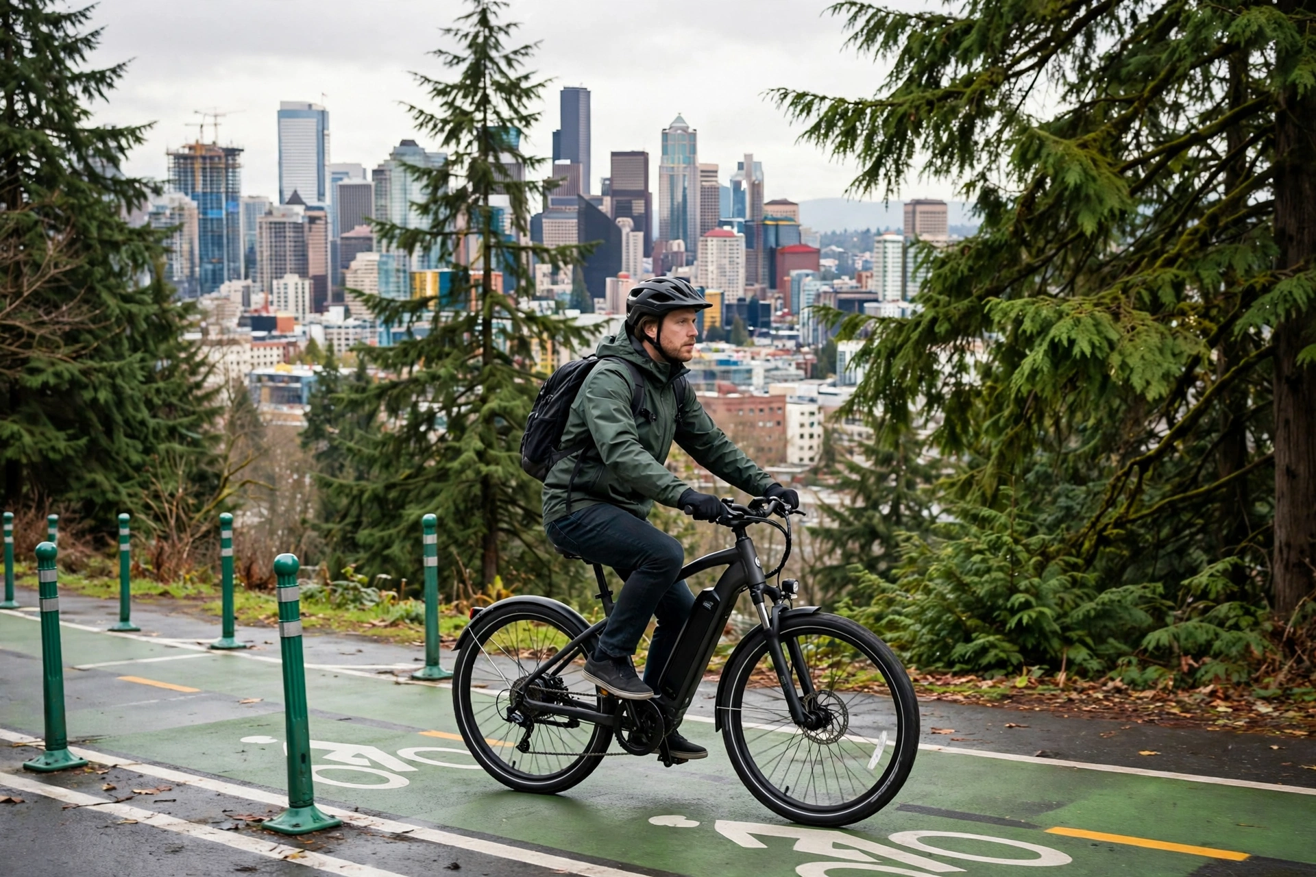Commuter on an electric bike wearing a helmet in a Washington city bike lane
