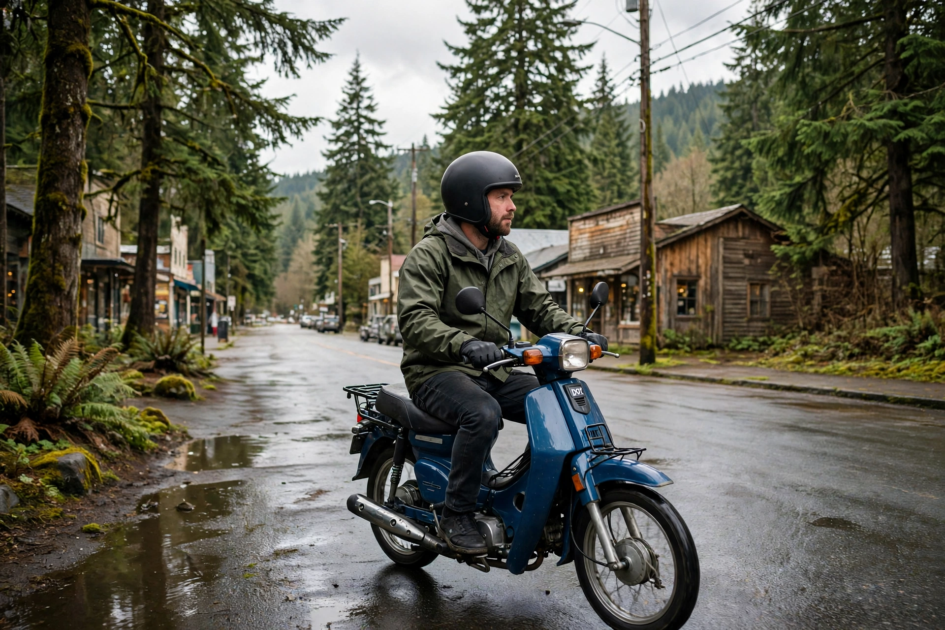 Moped rider wearing a DOT-approved helmet riding through an Oregon town street