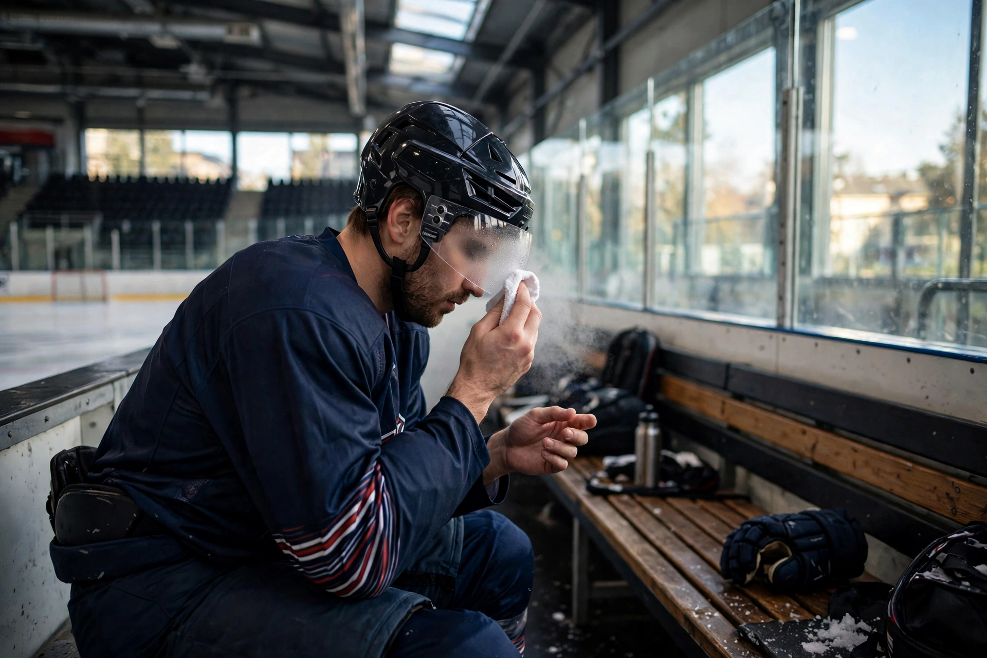 Hockey player wiping a fogged visor with a towel on the bench