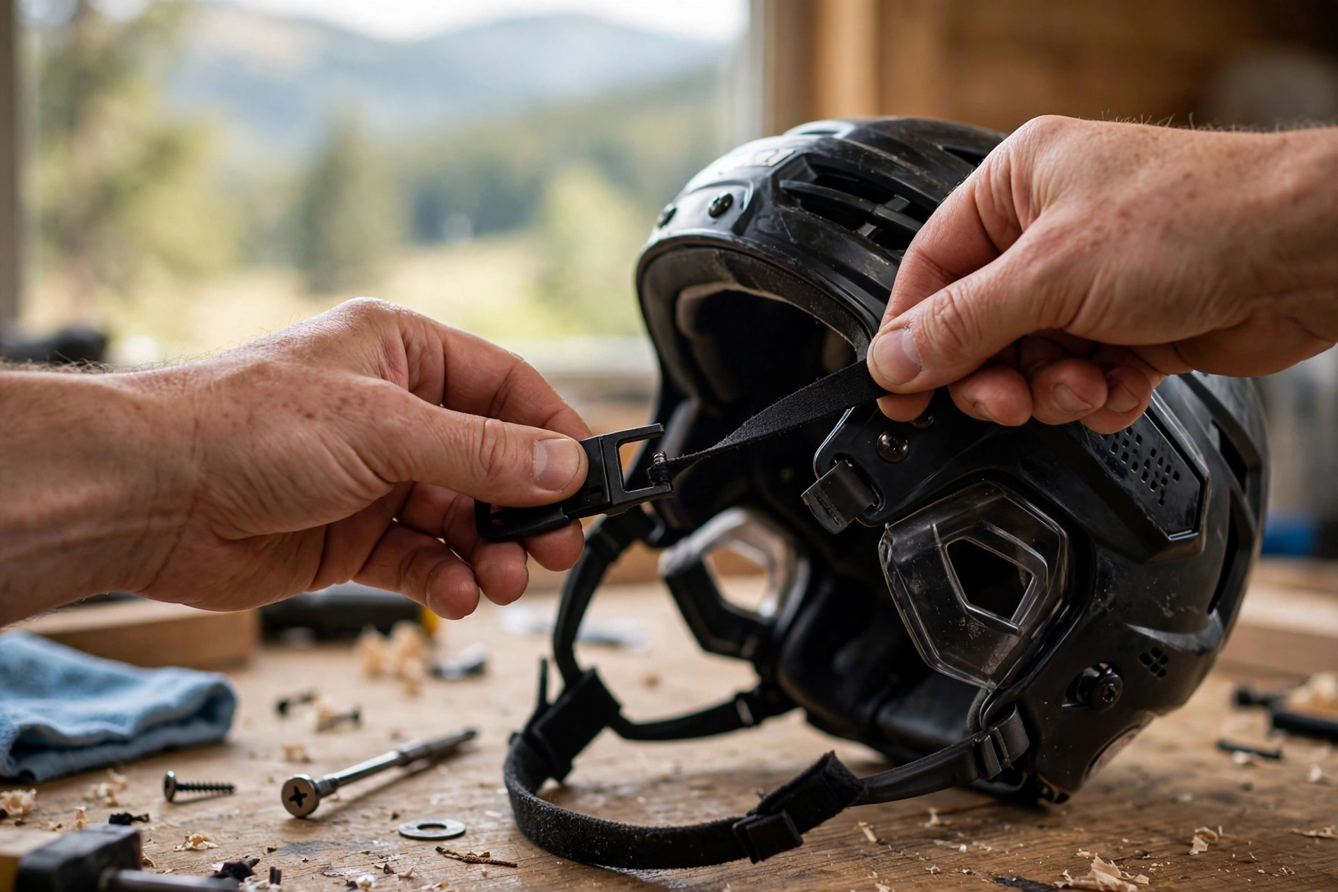 Close-up of hands replacing a chin strap on a hockey helmet