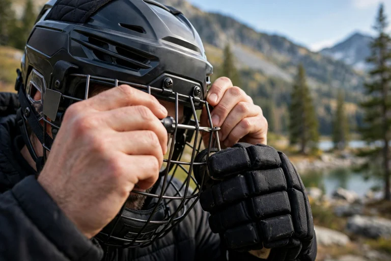 Hockey player adjusting the mounting screws on a helmet cage