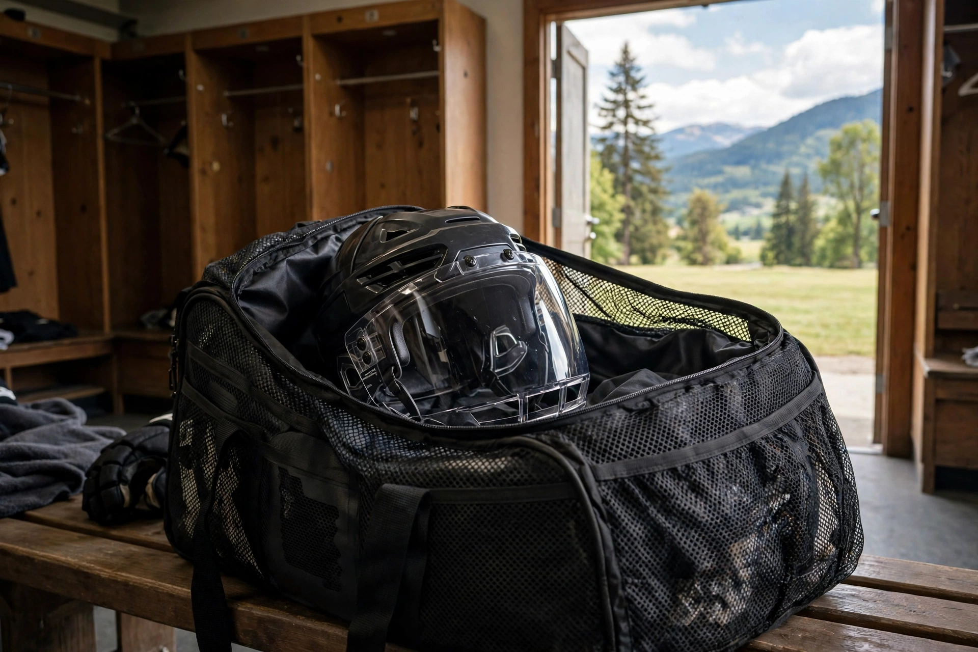 Hockey helmet and visor stored in a ventilated gear bag