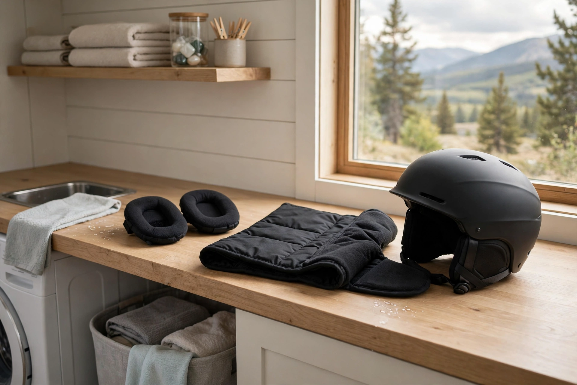 Removable ski helmet liner and ear pads laid out for washing