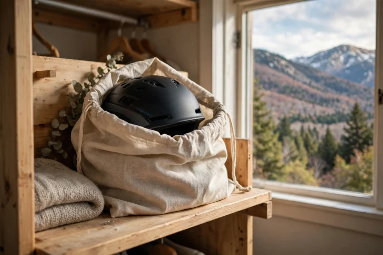 Ski helmet stored in a loose cloth bag on a closet shelf