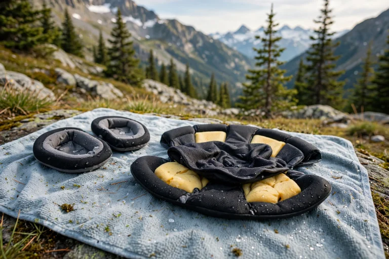 Snowboard helmet liner and ear pads laid out to dry after washing