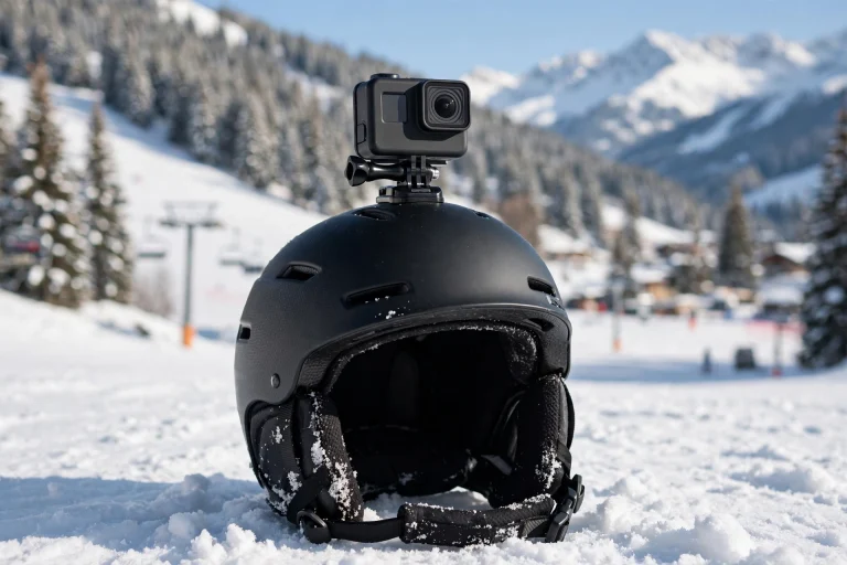 Action camera mounted on top of a snowboard helmet
