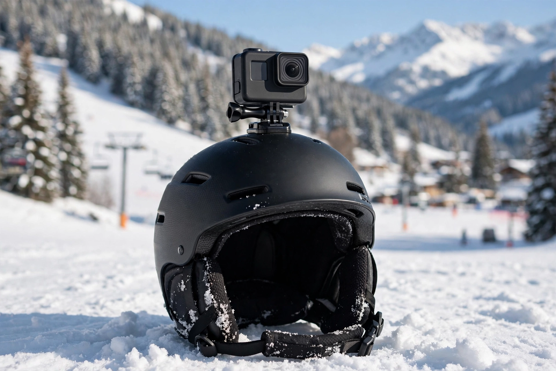 Action camera mounted on top of a snowboard helmet