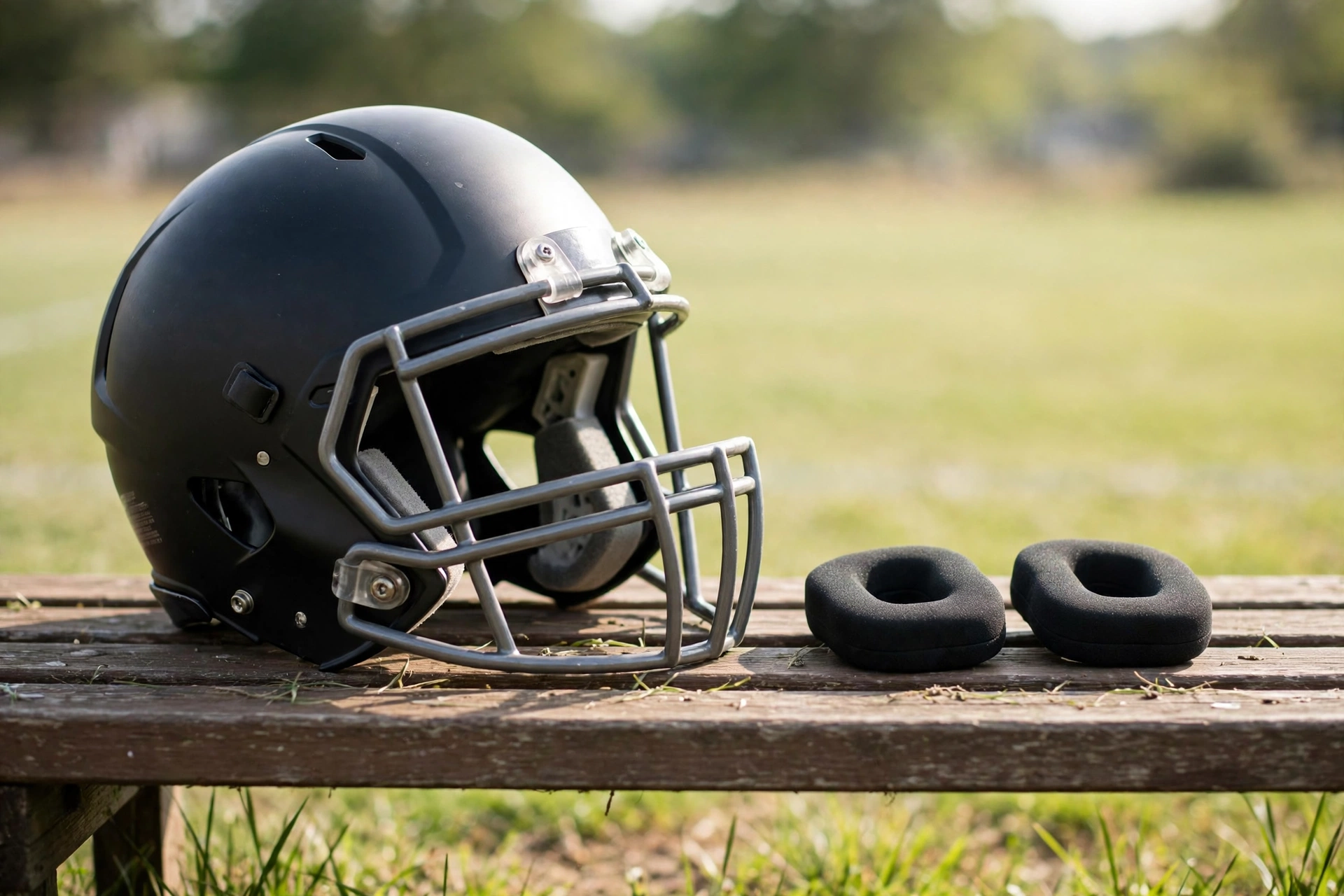 Football helmet with one ear pad removed resting on a bench
