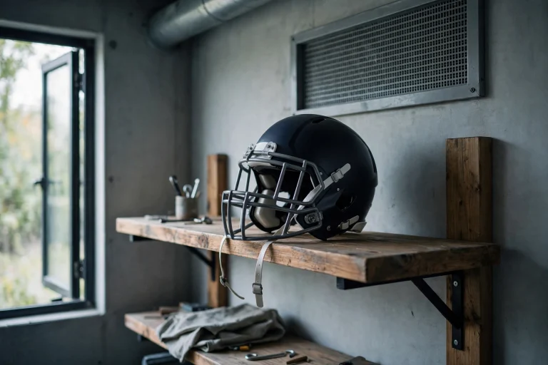 Football helmet stored on a shelf in a cool ventilated room