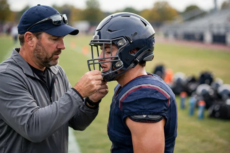Player shaking his head to test football helmet fit