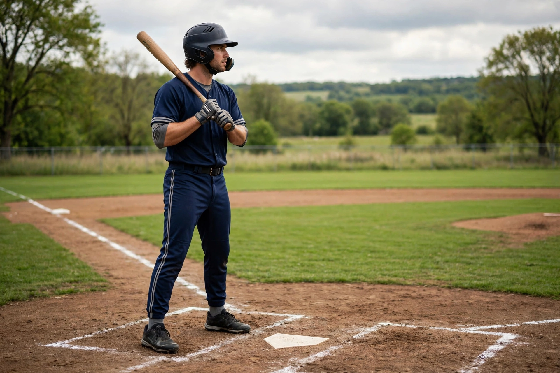 Baseball player wearing a batting helmet in the batter's box