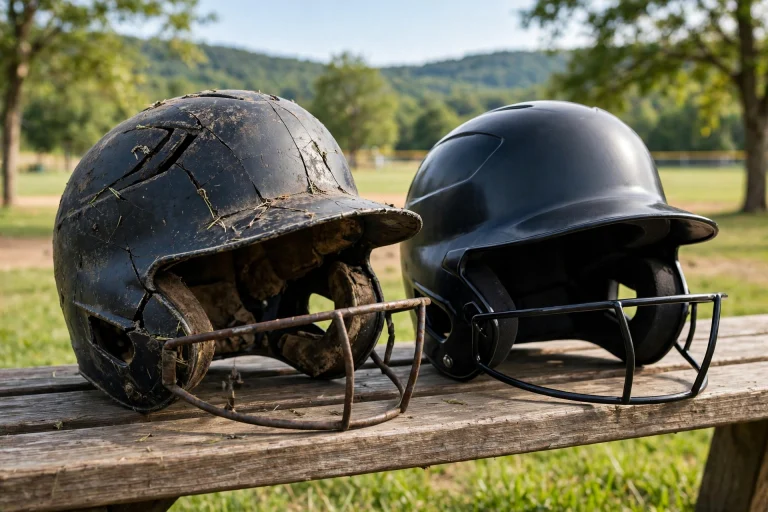 Old cracked batting helmet next to a new replacement helmet