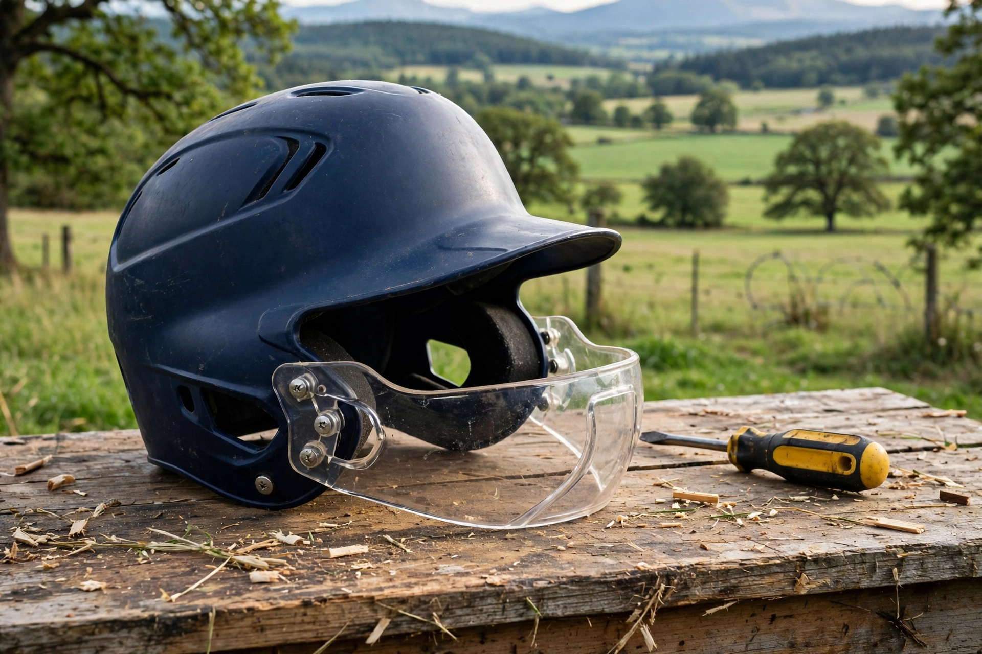 Batting helmet with a jaw guard fitted on a workbench next to a screwdriver
