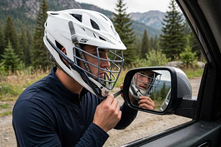 Player in a cascade-style lacrosse helmet checking mask alignment in a mirror