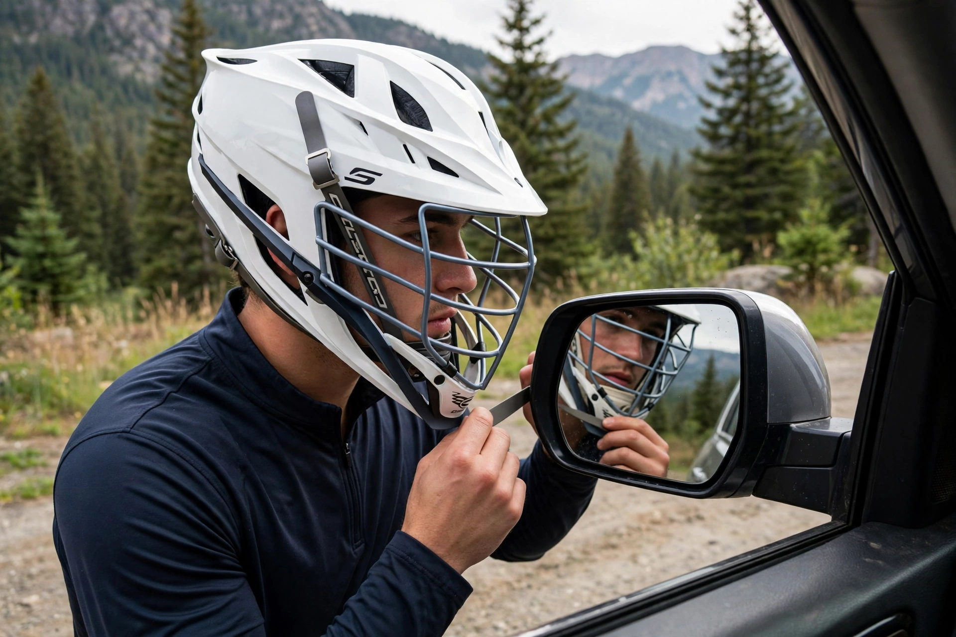 Player in a cascade-style lacrosse helmet checking mask alignment in a mirror
