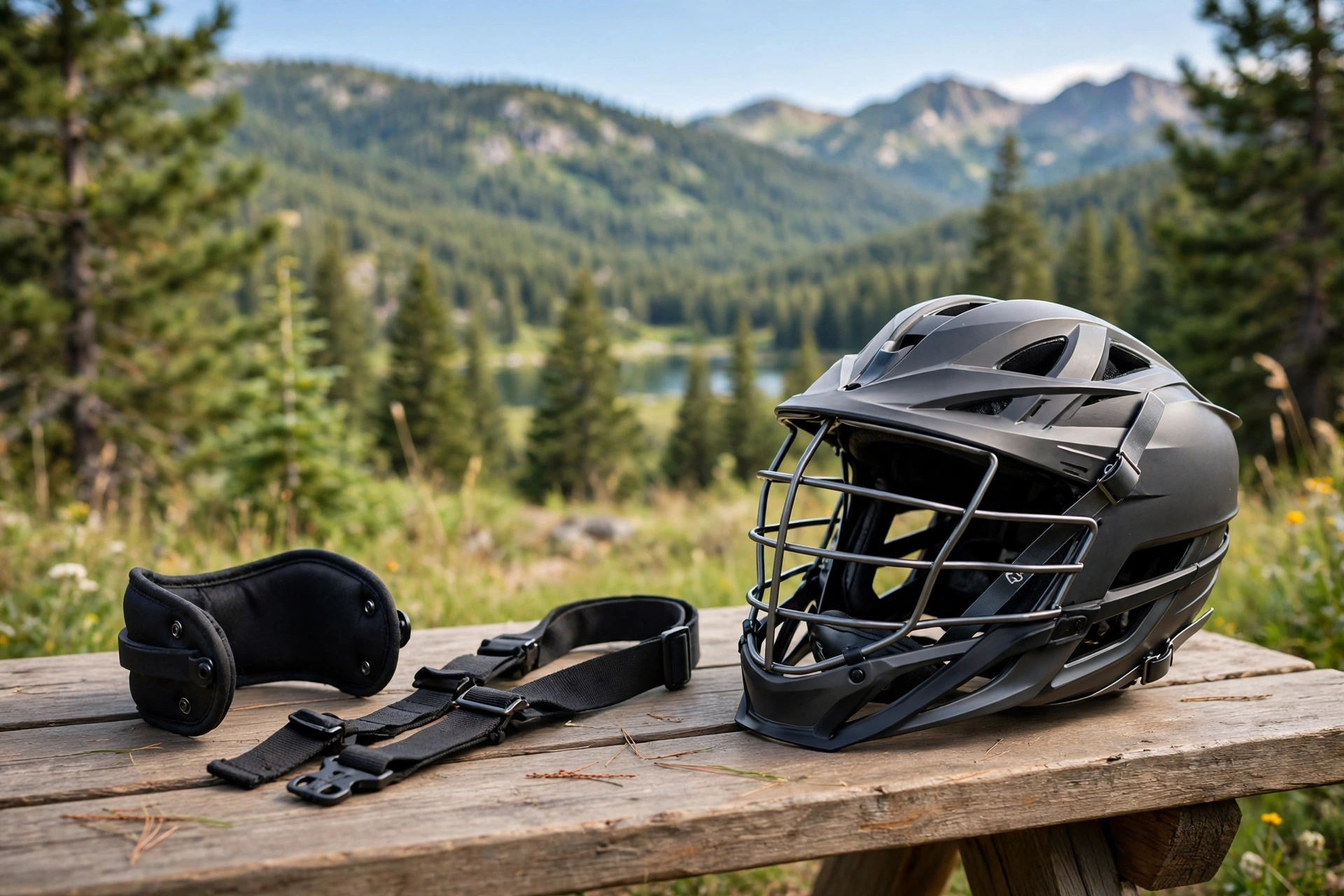 New lacrosse helmet chin strap and chin cup laid out beside a helmet