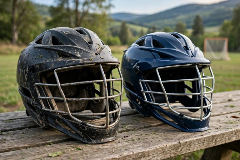 Worn lacrosse helmet beside a new replacement helmet on a bench