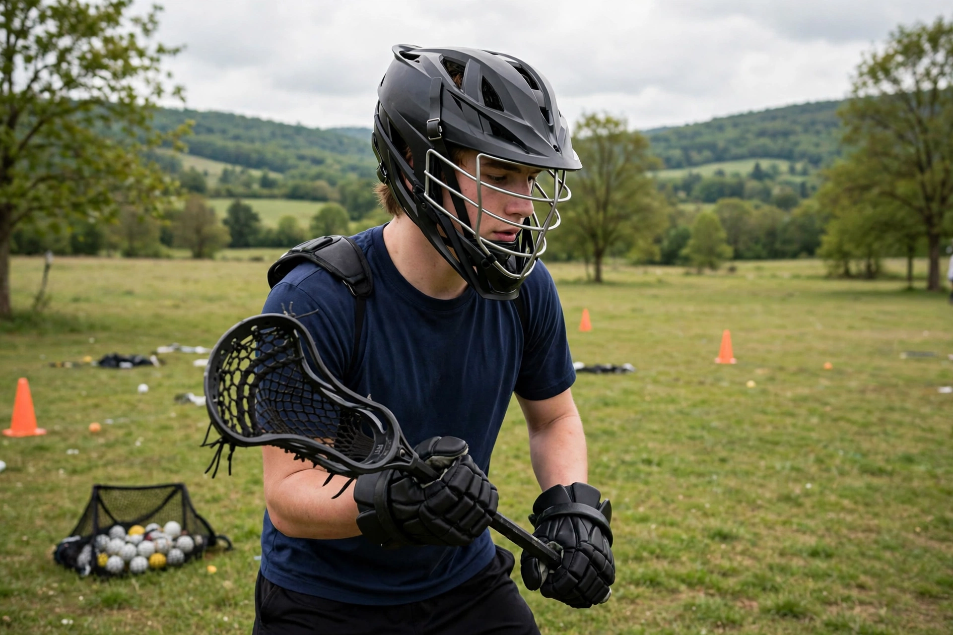 Beginner lacrosse player wearing a certified helmet with face mask at practice
