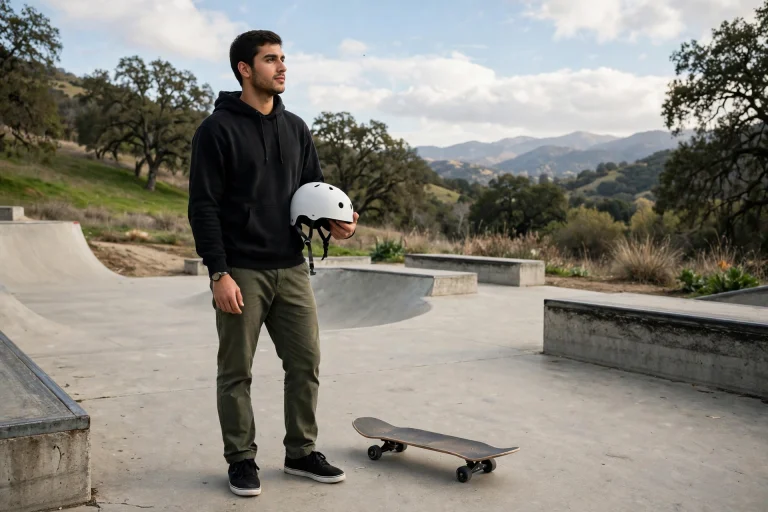 Skateboarder holding a clean skate helmet beside a skateboard at a skate park