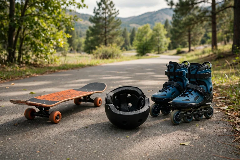 Skateboard and inline skates with a shared skate style helmet on pavement
