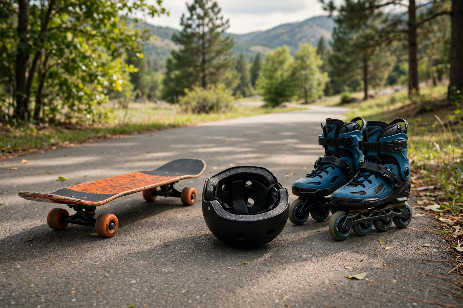 Skateboard and inline skates with a shared skate style helmet on pavement