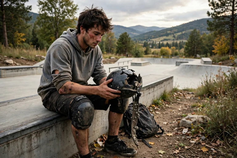 Skater holding a damaged skateboard helmet after a fall at a concrete skate park
