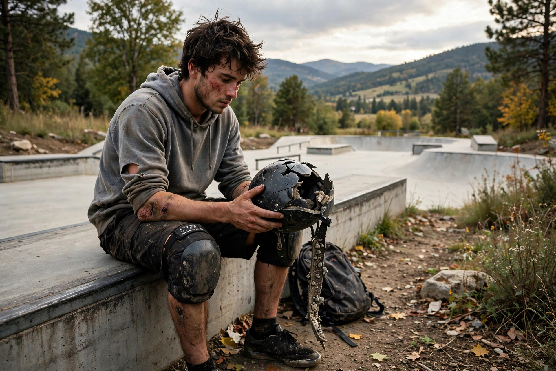 Skater holding a damaged skateboard helmet after a fall at a concrete skate park