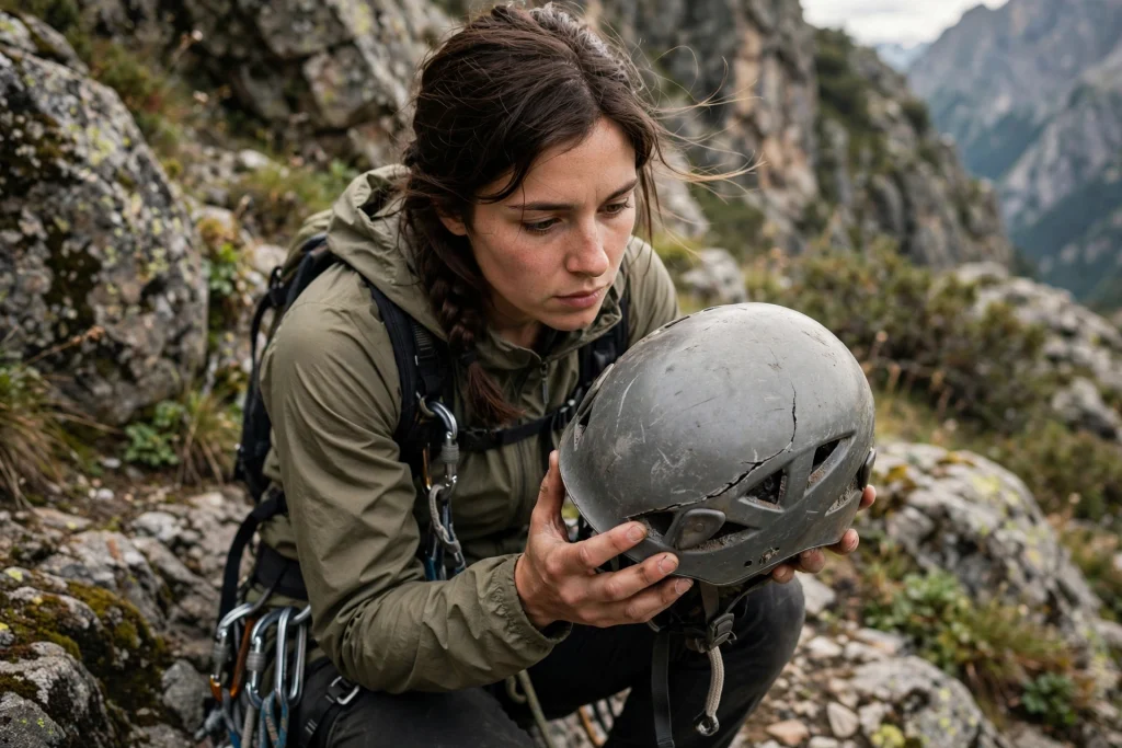 Climber examining an aging climbing helmet for damage before a climb